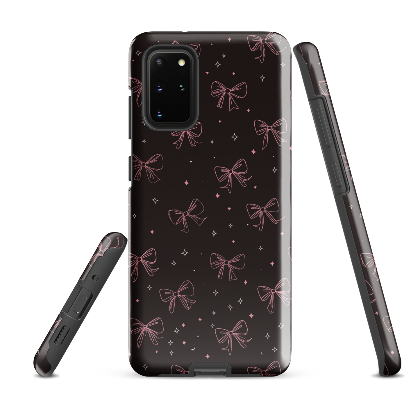 Midnight Bow seamless repeat pattern — pink hand-drawn ribbon bows and sparkle stars on a black background