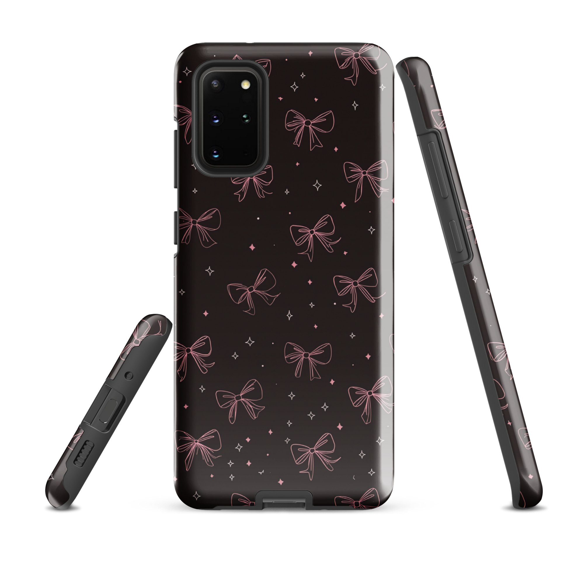 Midnight Bow seamless repeat pattern — pink hand-drawn ribbon bows and sparkle stars on a black background