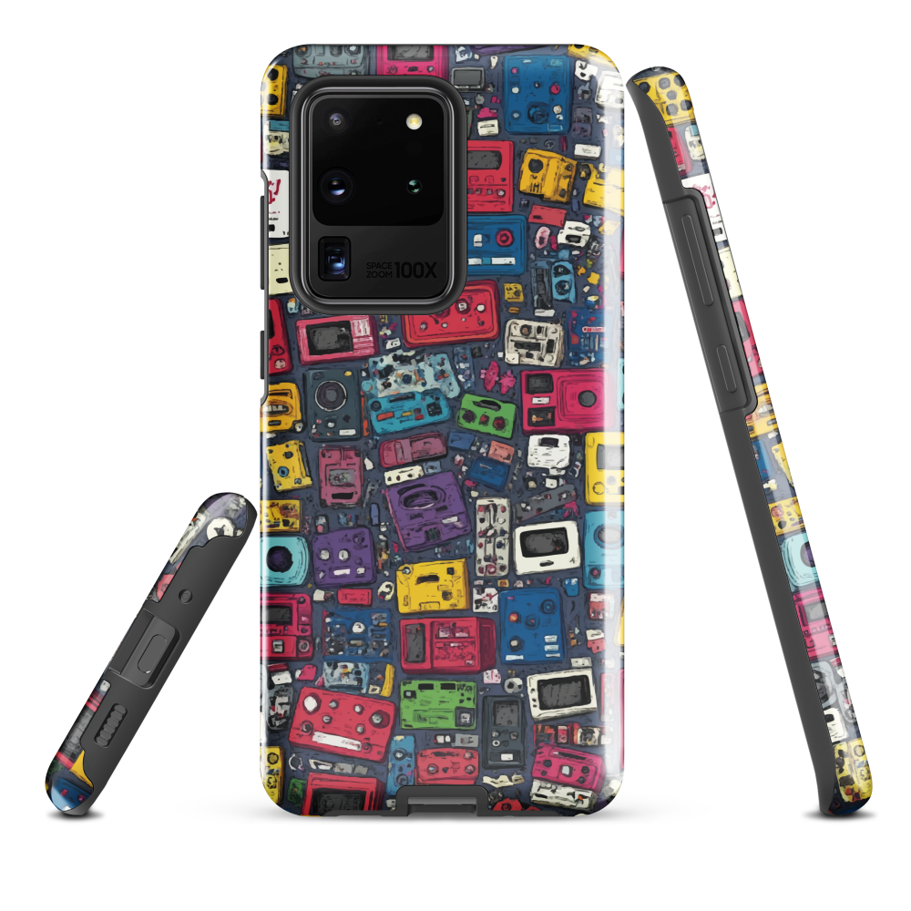 'Arcade' Samsung case, featuring a vibrant collage of hand-drawn controllers in bold, vintage-inspired colours. From electric blue and hot pink to classic black and yellow