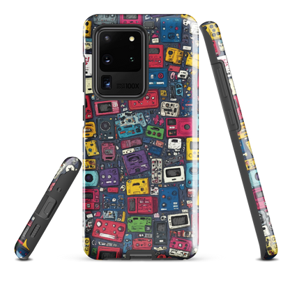 'Arcade' Samsung case, featuring a vibrant collage of hand-drawn controllers in bold, vintage-inspired colours. From electric blue and hot pink to classic black and yellow