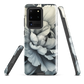 Black and white floral phone case featuring a soft, moody peony design by New Zealand artist Ben Hart.