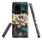Phone case with ivory water lily, green leaves, and butterfly accents on dark background