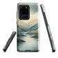 Phone case with soft mountain and valley design in misty green, blue, and golden tones