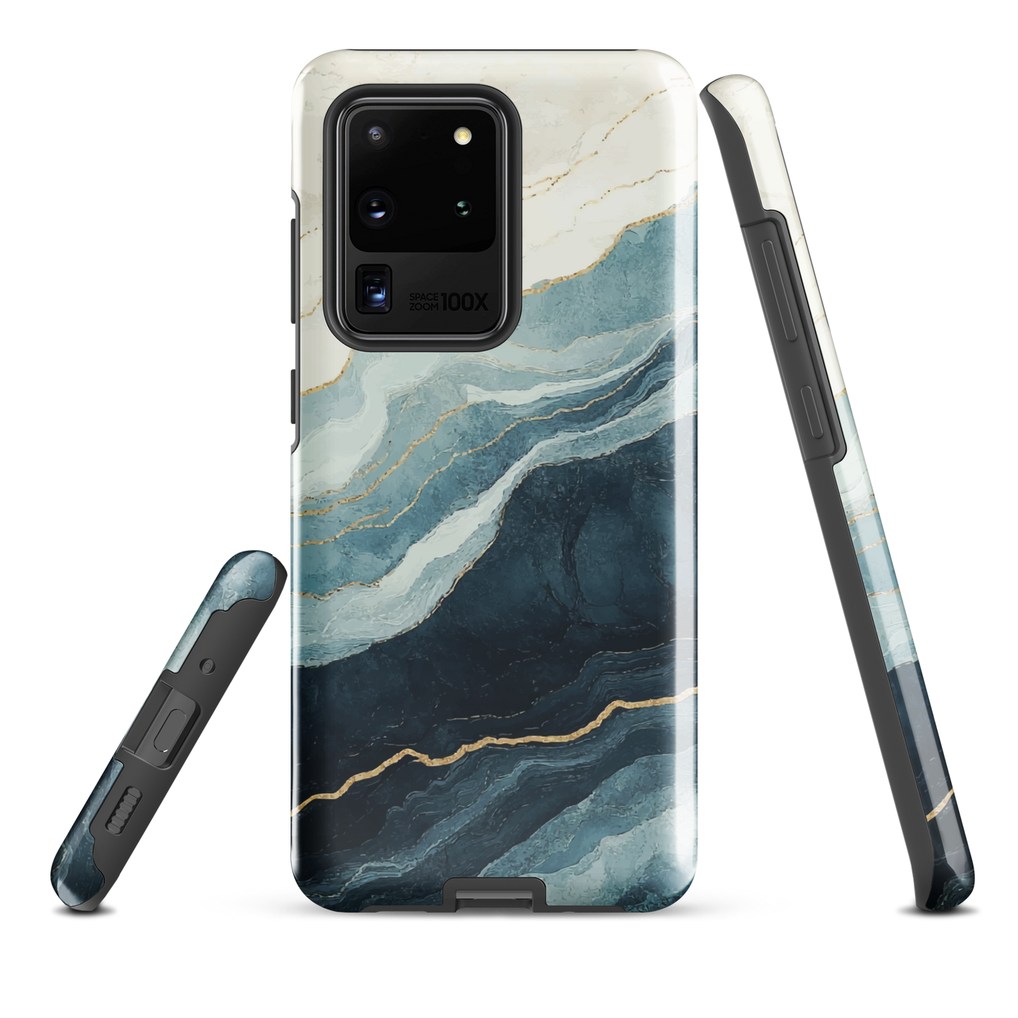 An elegant abstract phone case inspired by layered coastal forms in blue and teal tones.
