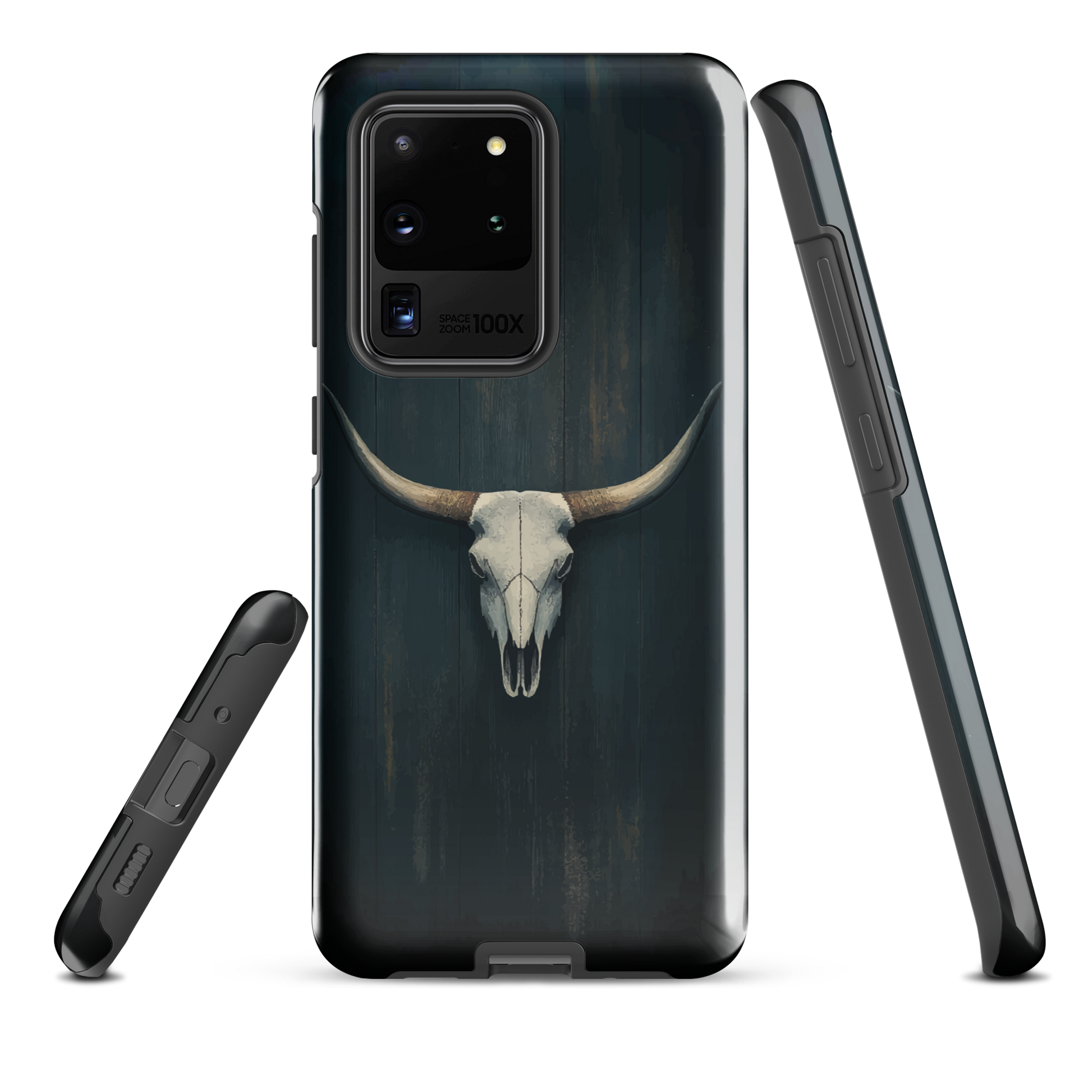 Longhorn skull set against a dark, textured backdrop - protective phone case.