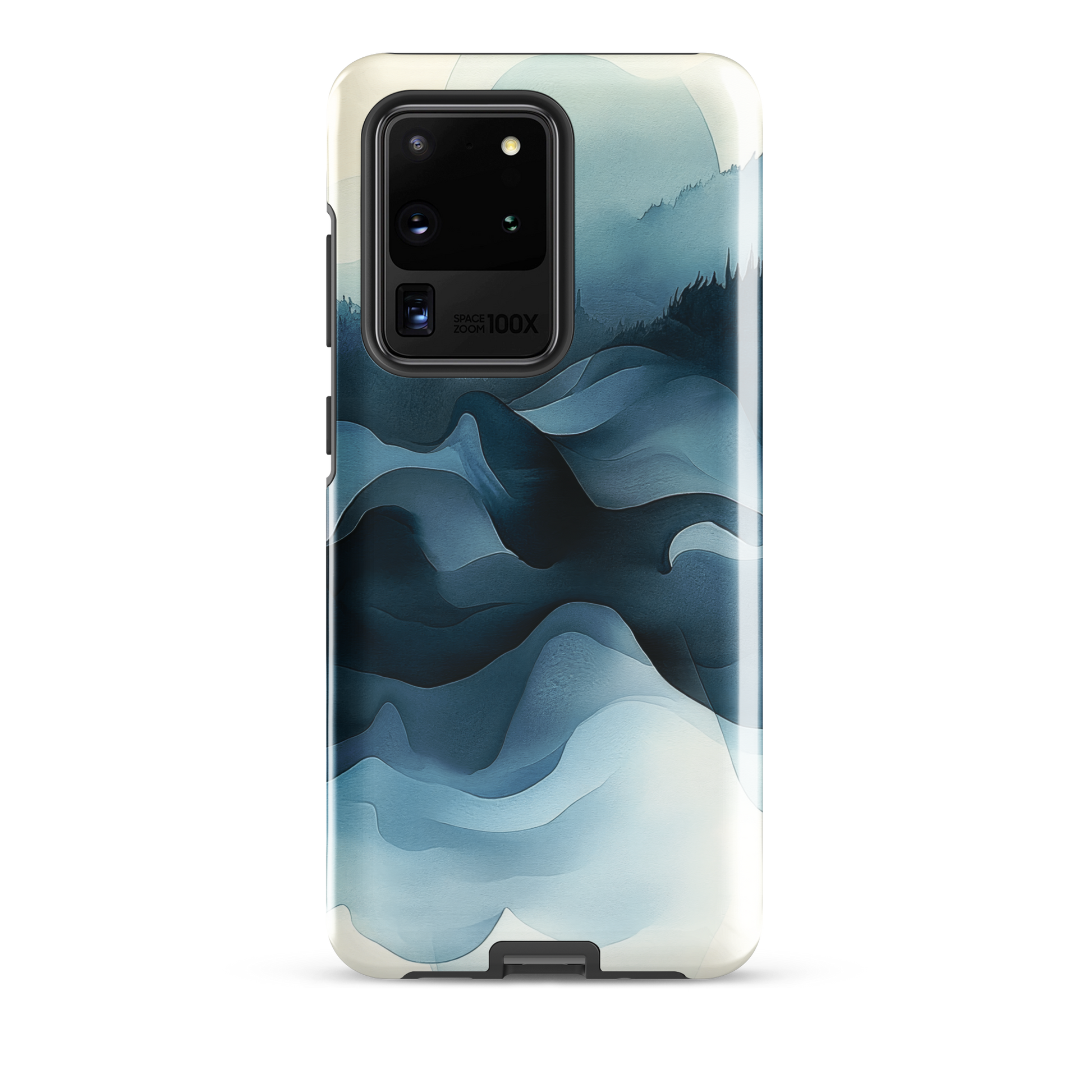 A calming abstract landscape phone case inspired by quiet valleys and soft blue tones.