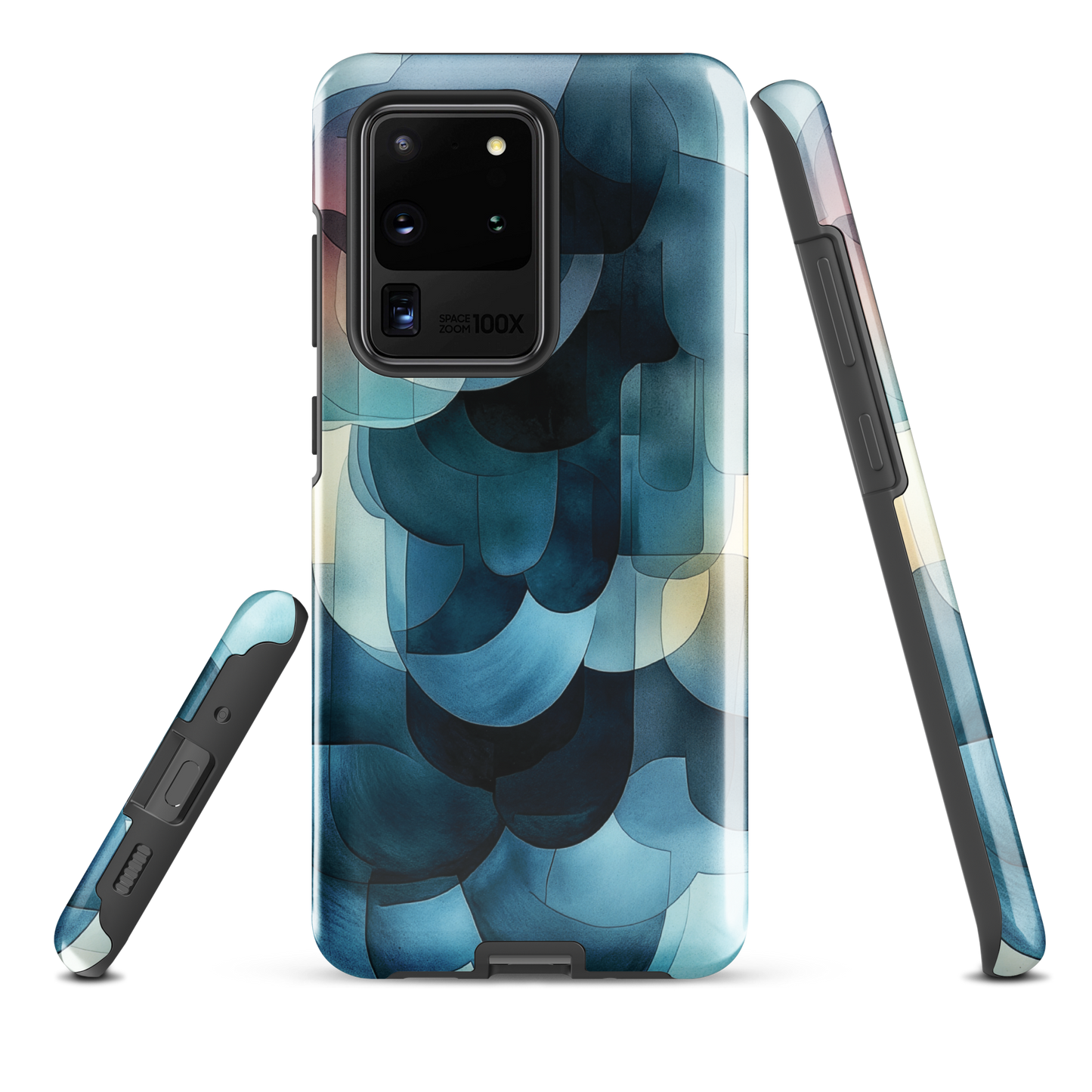 A modern abstract phone case featuring layered blue forms and soft flowing shapes.