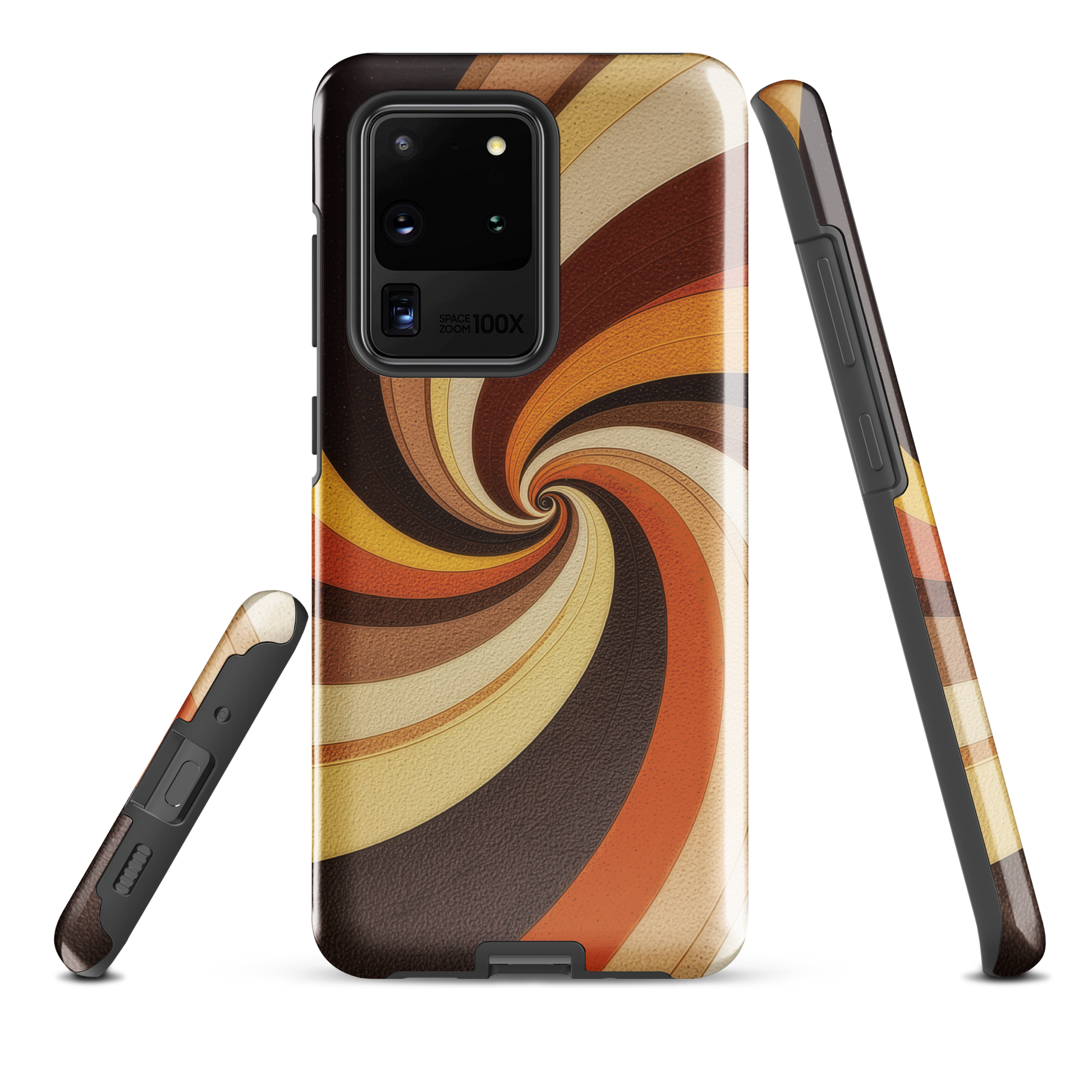 A retro-inspired phone case featuring warm swirling patterns in orange, yellow, and brown tones.
