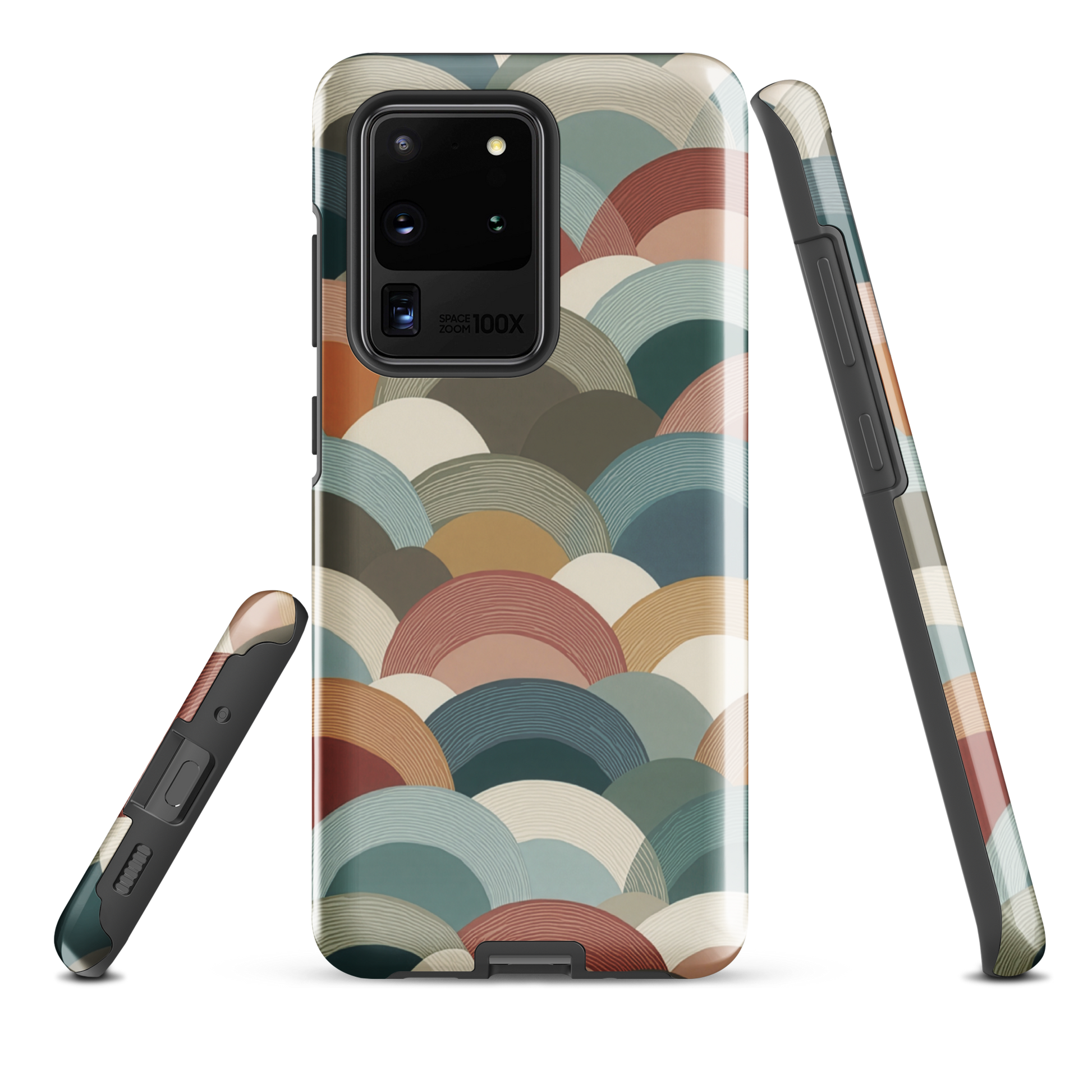 A soft retro-inspired phone case featuring layered arc shapes in warm, earthy tones.