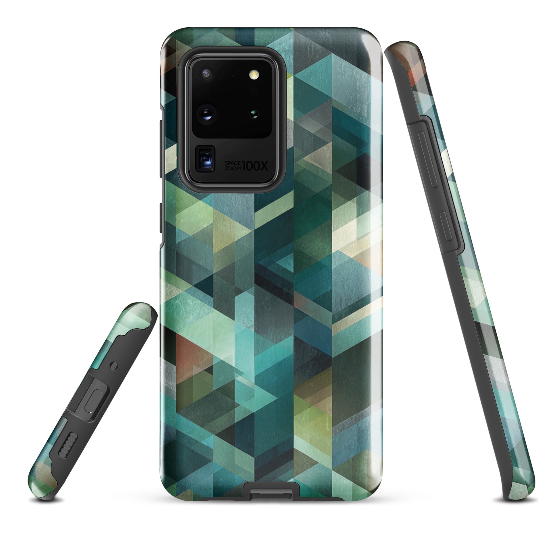 Modern abstract geometric phone case in teal and blue tones with layered retro-inspired shapes.