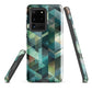 Modern abstract geometric phone case in teal and blue tones with layered retro-inspired shapes.
