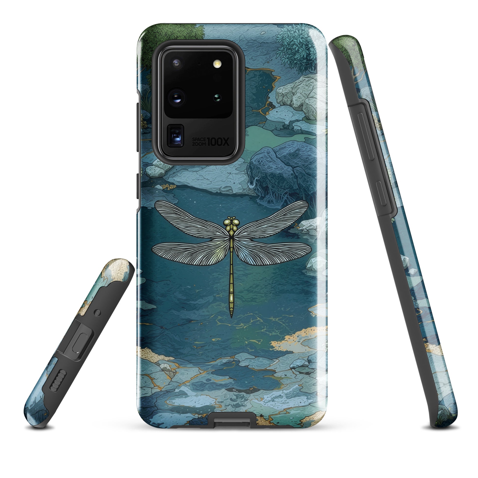 Nature-inspired phone case featuring a dragonfly over calm water with blue and green forest tones.