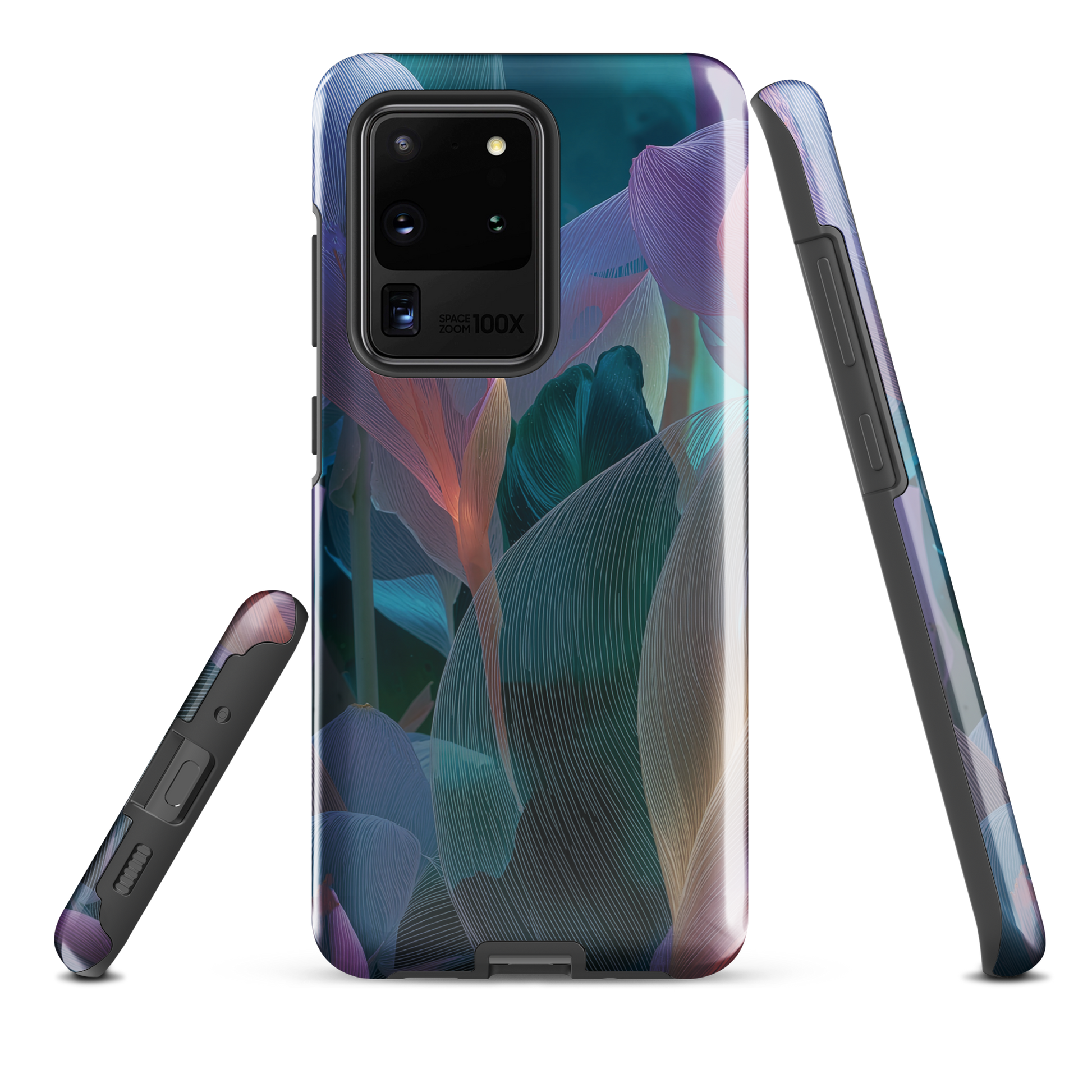 Ethereal abstract floral designer phone case in pastel pink, lilac and teal tones