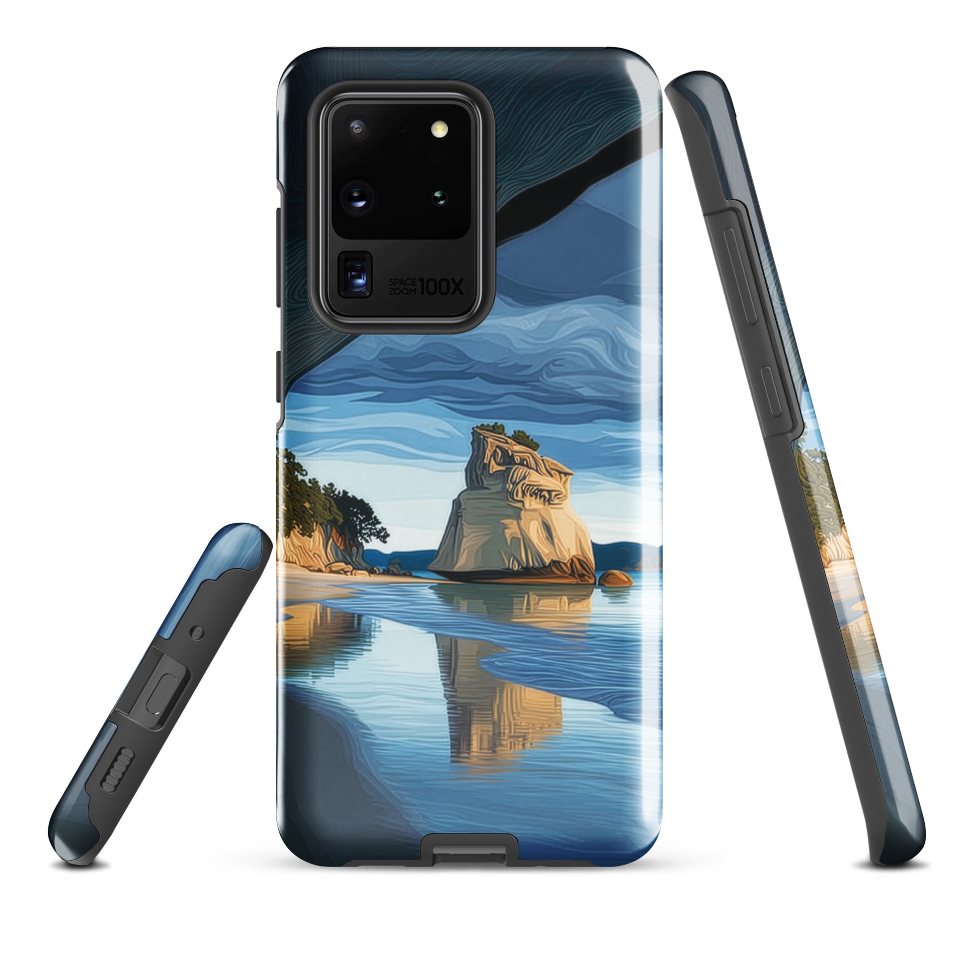Artistic Cathedral Cove coastal designer phone case with arch rock, blue ocean and golden cliffs