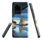 Artistic Cathedral Cove coastal designer phone case with arch rock, blue ocean and golden cliffs
