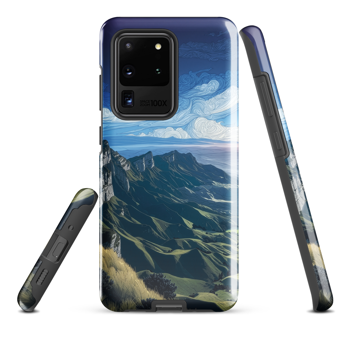 Te Mata Peak designer phone case with Hawke’s Bay cliffs, rolling green hills and dramatic swirling sky