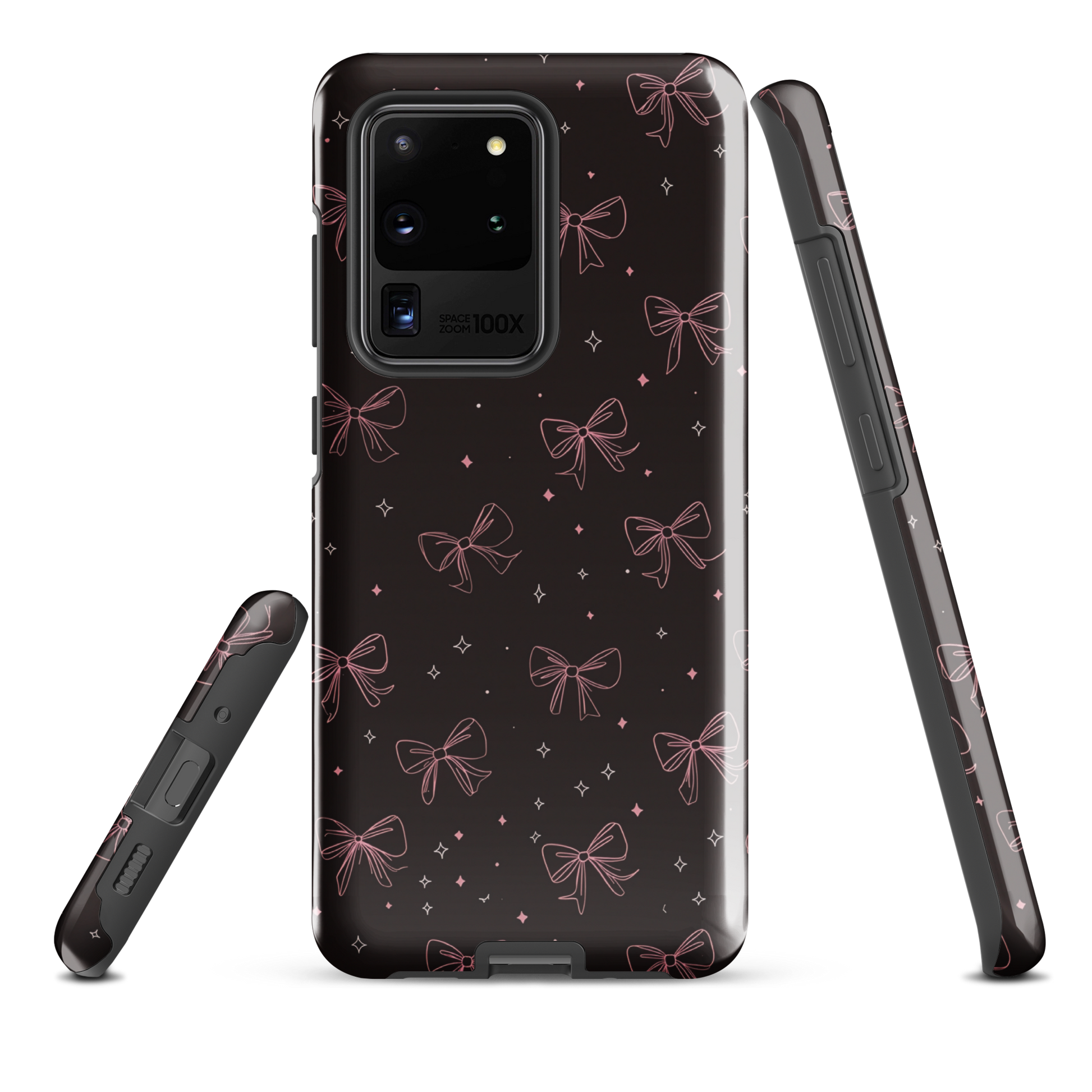 Midnight Bow seamless repeat pattern — pink hand-drawn ribbon bows and sparkle stars on a black background