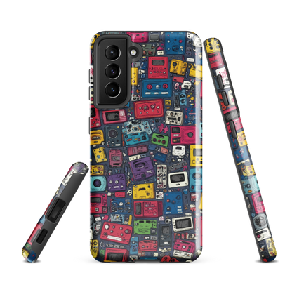 'Arcade' Samsung case, featuring a vibrant collage of hand-drawn controllers in bold, vintage-inspired colours. From electric blue and hot pink to classic black and yellow