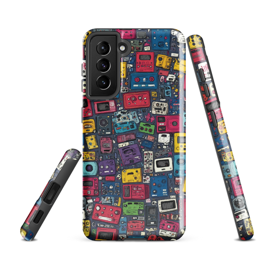 'Arcade' Samsung case, featuring a vibrant collage of hand-drawn controllers in bold, vintage-inspired colours. From electric blue and hot pink to classic black and yellow