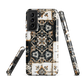 Moroccan tile pattern phone case in black, white, and gold tones with vintage-inspired design.