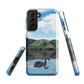 Phone case with a black swan on a calm lake, New Zealand hills in the background. Art by NZ designer Ben Hart.