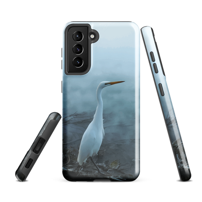 'White Heron in the mist' Samsung Galaxy S21 FE tough phone case - protective glossy case NZ Australia