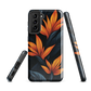 Phone case with bold orange bird of paradise flowers on dark background.
