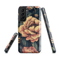 Phone case with vintage-style pink roses and bees on dark background, floral New Zealand artwork.