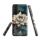 Phone case with ivory water lily, green leaves, and butterfly accents on dark background