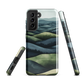 Phone case with layered mountain and forest landscape in blue and green hues