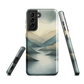 Phone case with soft mountain and valley design in misty green, blue, and golden tones