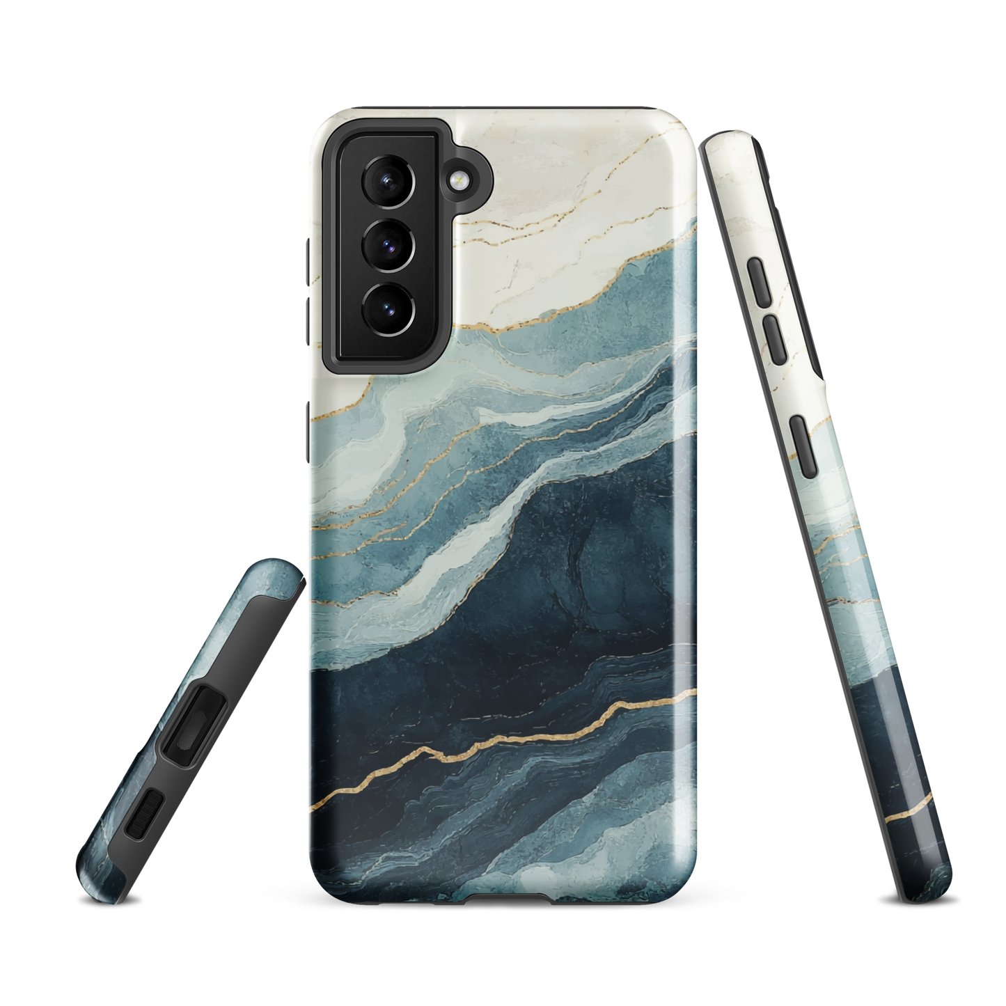 An elegant abstract phone case inspired by layered coastal forms in blue and teal tones.