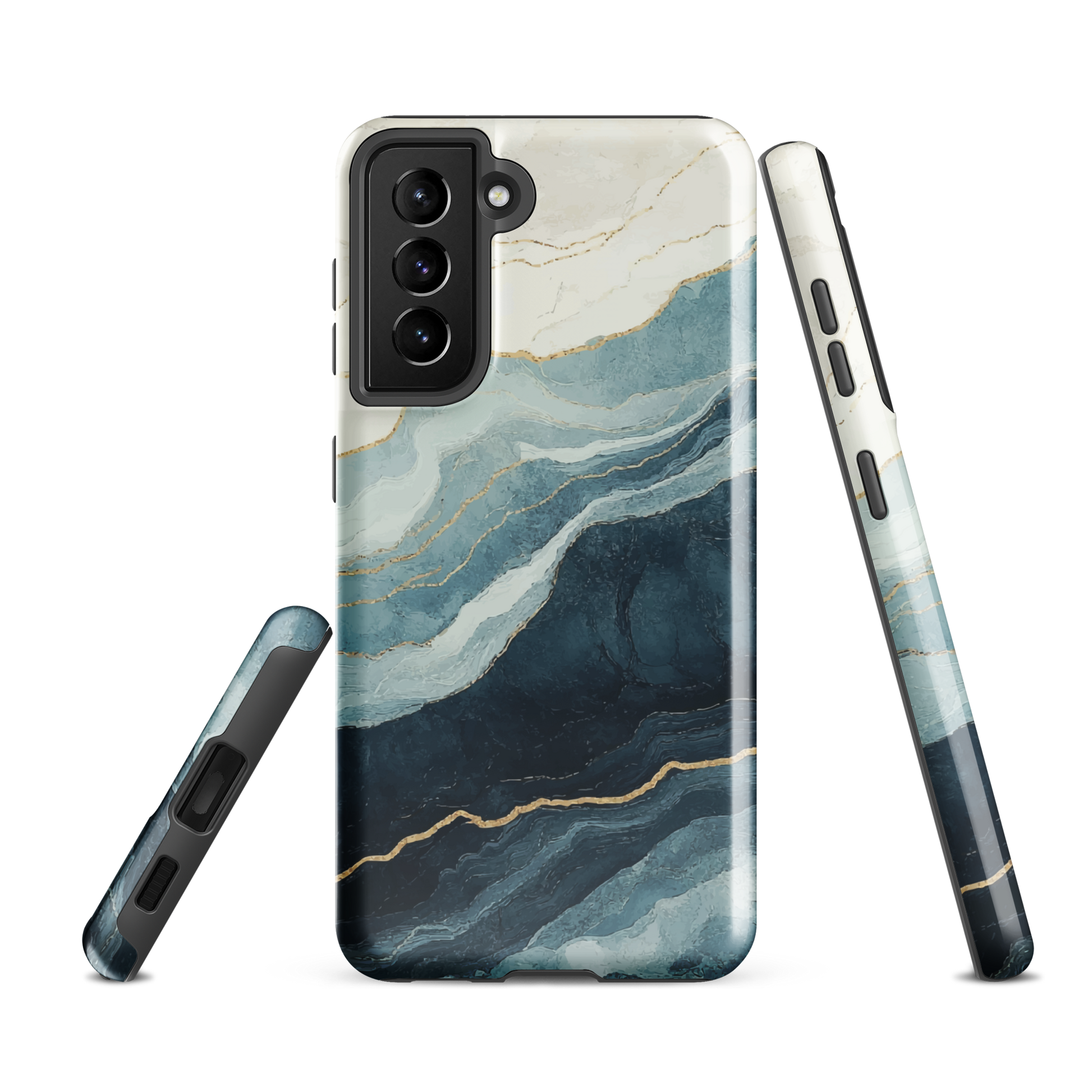 An elegant abstract phone case inspired by layered coastal forms in blue and teal tones.