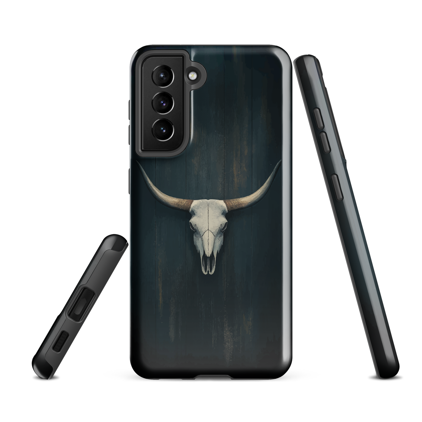 Longhorn skull set against a dark, textured backdrop - protective phone case.