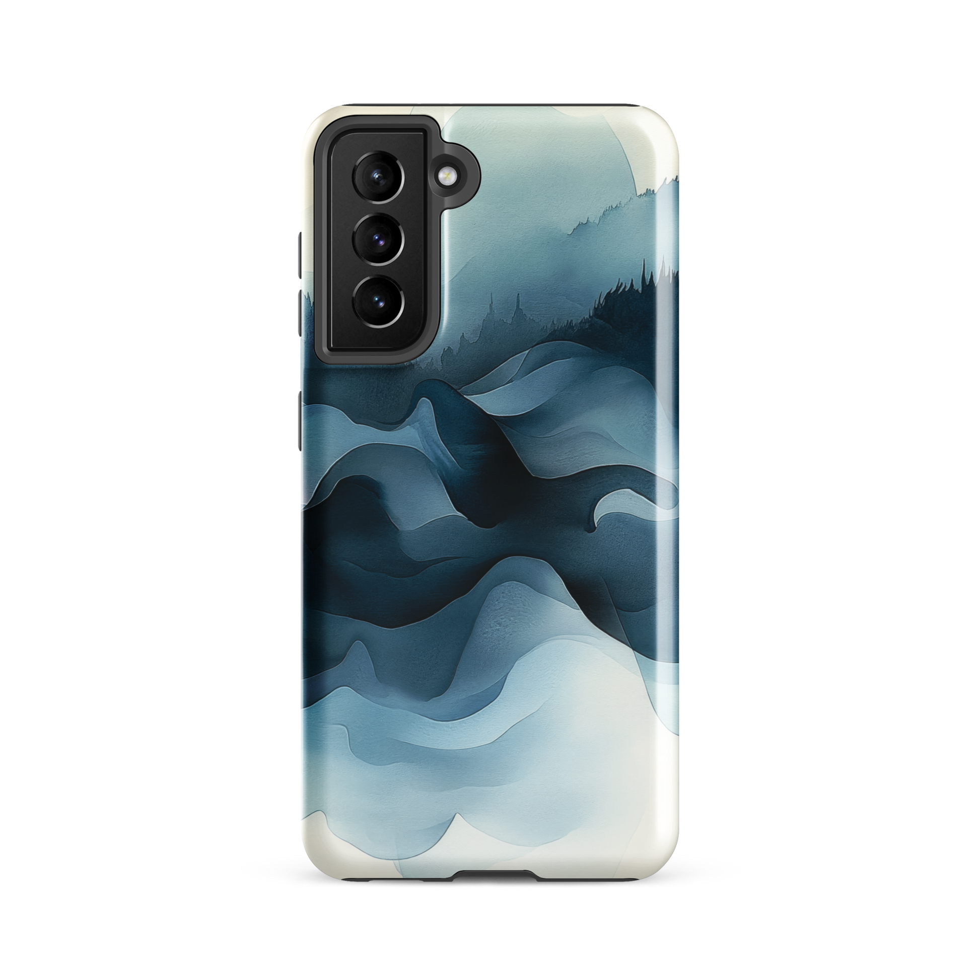 A calming abstract landscape phone case inspired by quiet valleys and soft blue tones.
