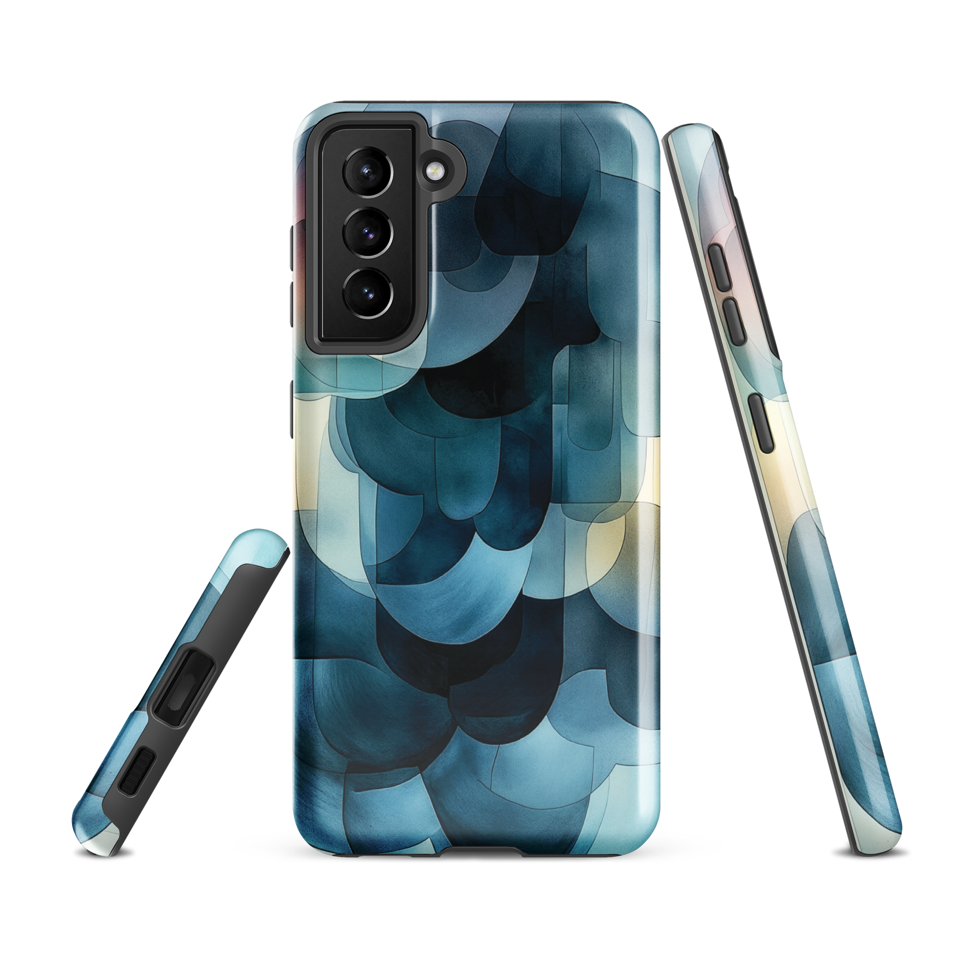 A modern abstract phone case featuring layered blue forms and soft flowing shapes.