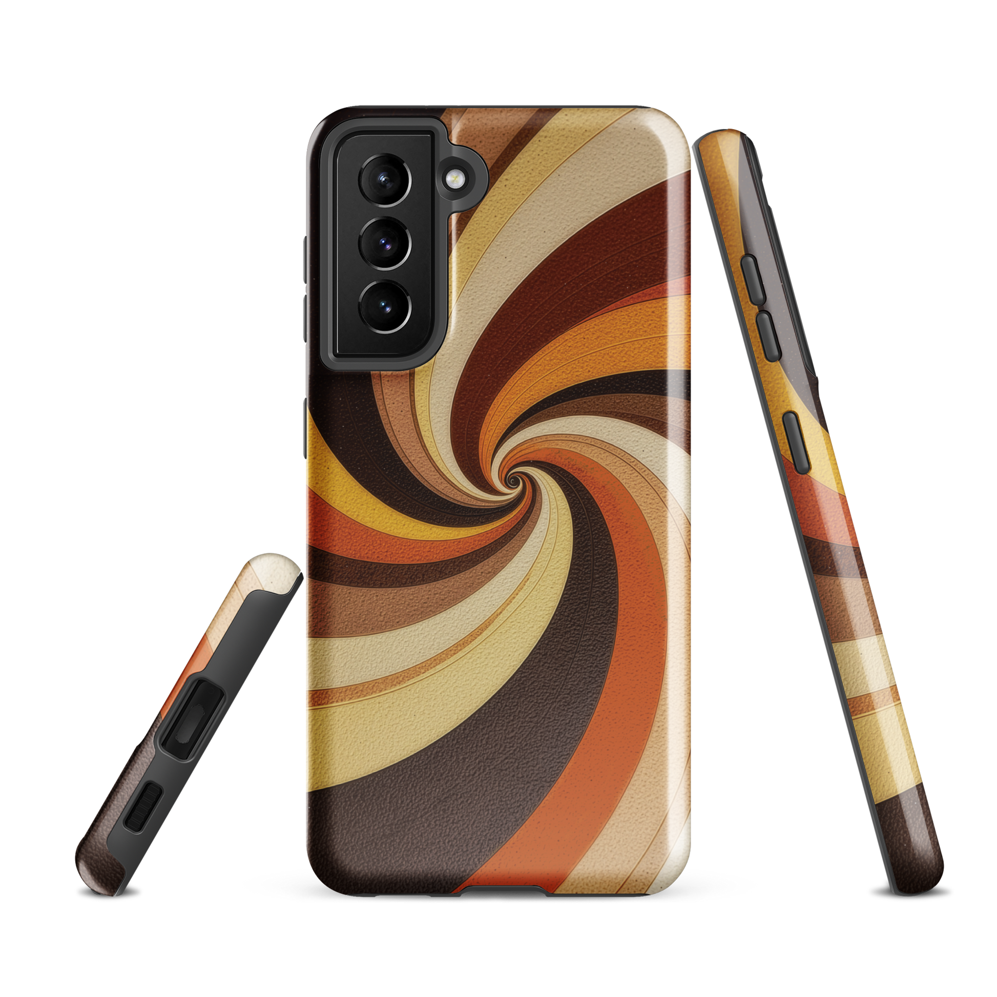 A retro-inspired phone case featuring warm swirling patterns in orange, yellow, and brown tones.