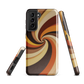 A retro-inspired phone case featuring warm swirling patterns in orange, yellow, and brown tones.