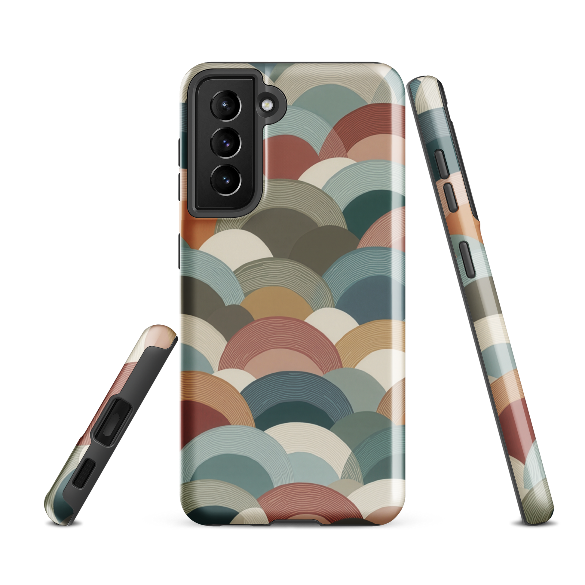 A soft retro-inspired phone case featuring layered arc shapes in warm, earthy tones.