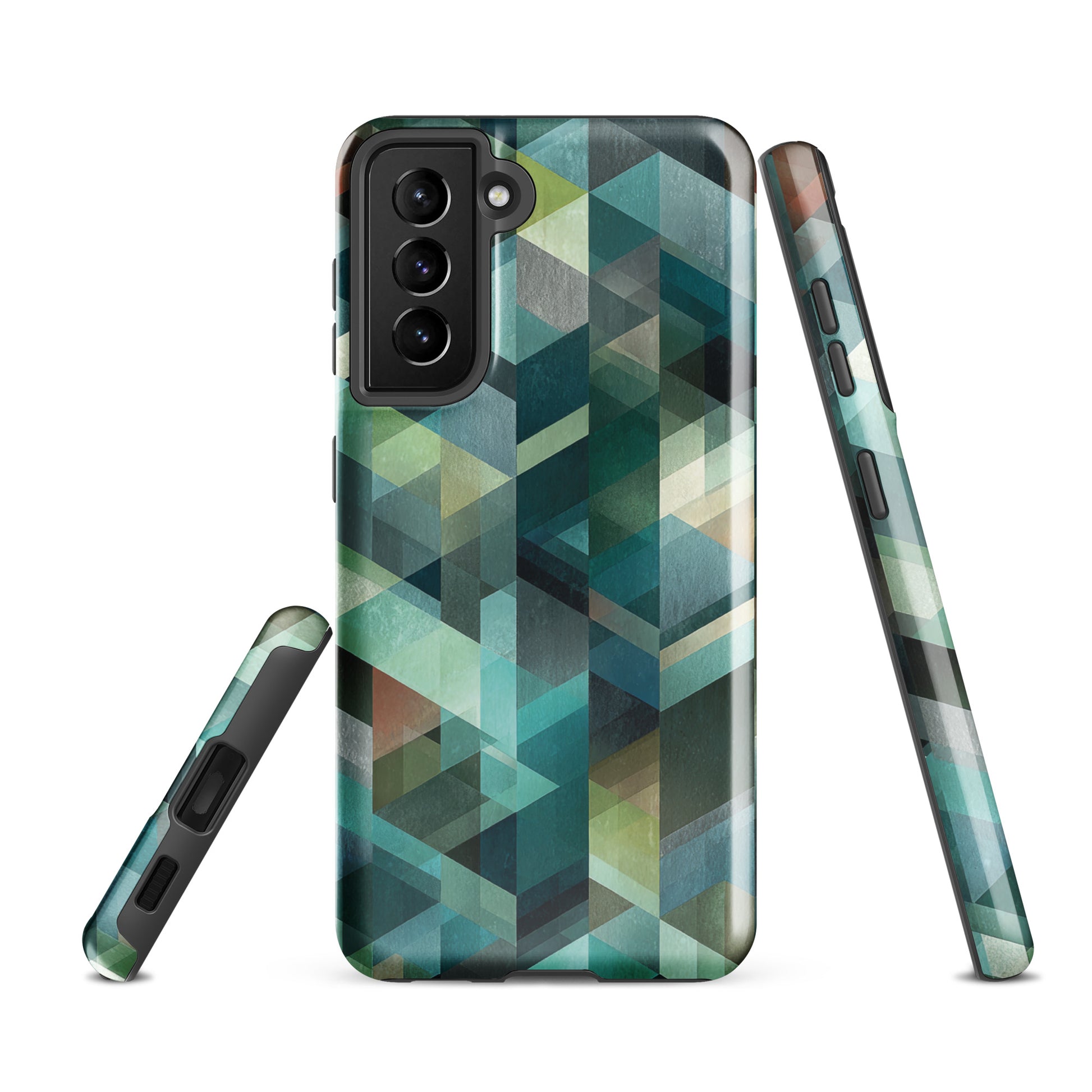 Modern abstract geometric phone case in teal and blue tones with layered retro-inspired shapes.