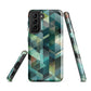 Modern abstract geometric phone case in teal and blue tones with layered retro-inspired shapes.