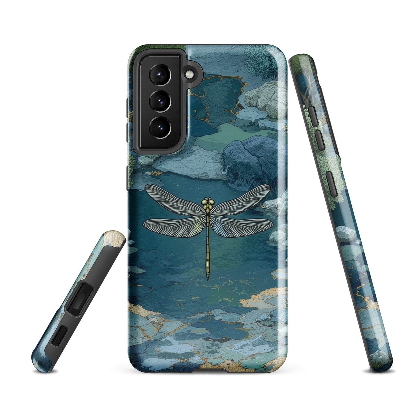 Nature-inspired phone case featuring a dragonfly over calm water with blue and green forest tones.