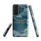 Nature-inspired phone case featuring a dragonfly over calm water with blue and green forest tones.