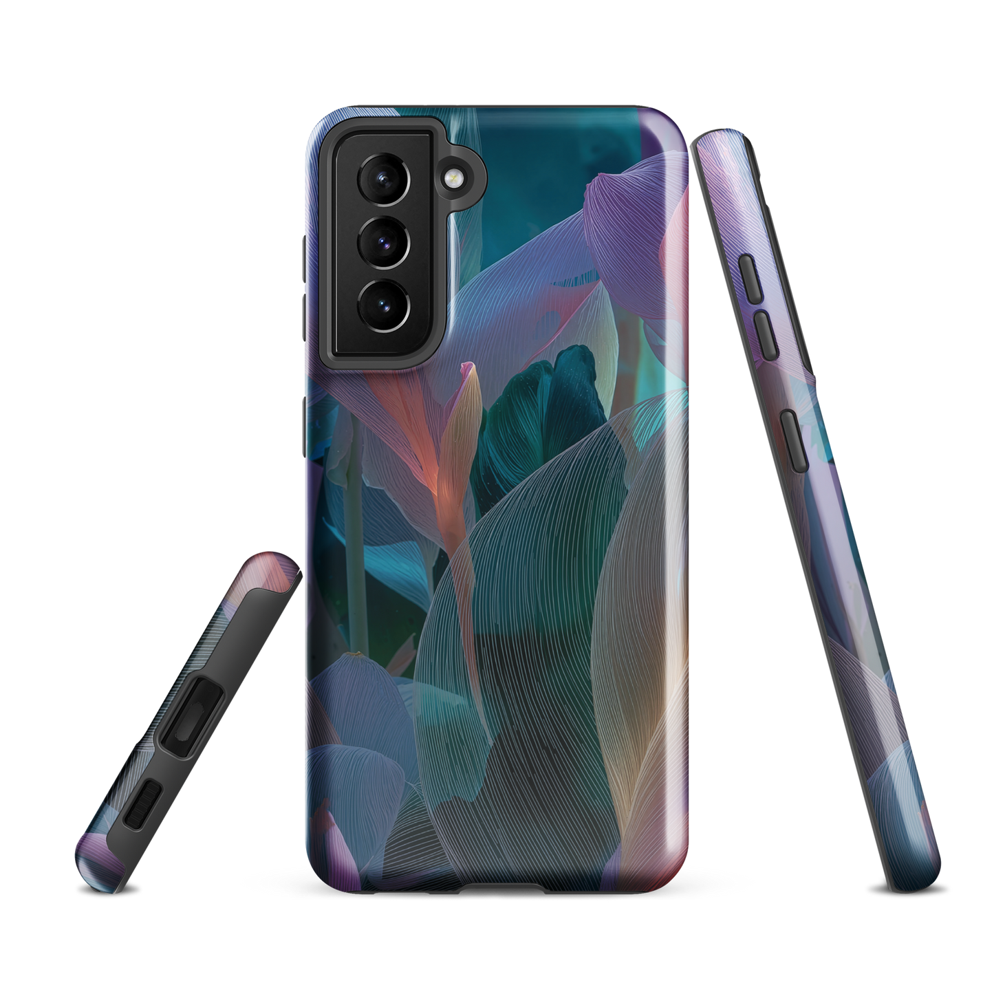 Ethereal abstract floral designer phone case in pastel pink, lilac and teal tones