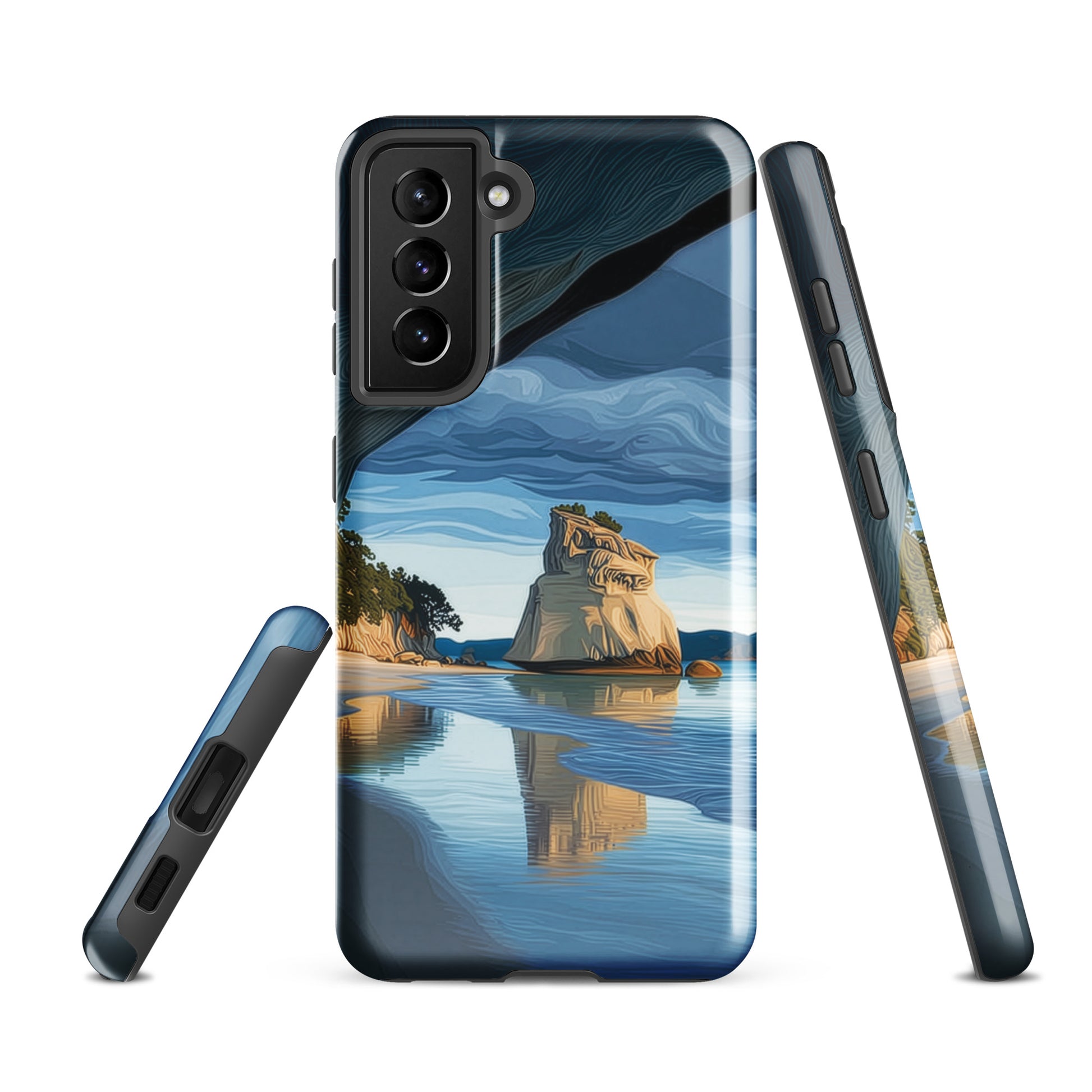 Artistic Cathedral Cove coastal designer phone case with arch rock, blue ocean and golden cliffs