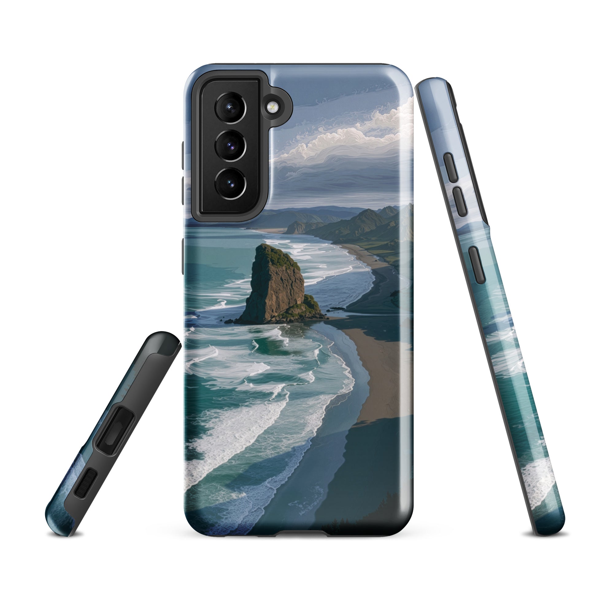 Piha Beach Lion Rock designer phone case with turquoise waves and dramatic NZ coastline