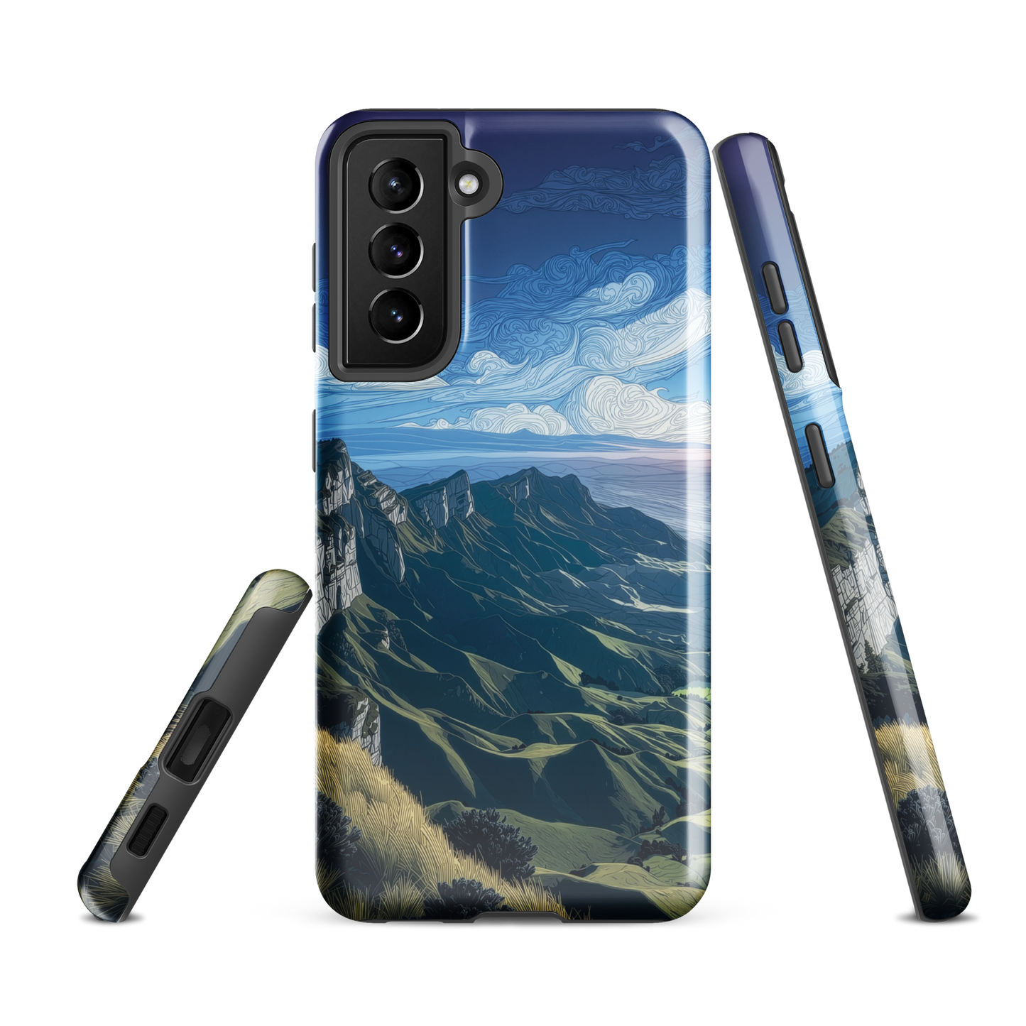 Te Mata Peak designer phone case with Hawke’s Bay cliffs, rolling green hills and dramatic swirling sky