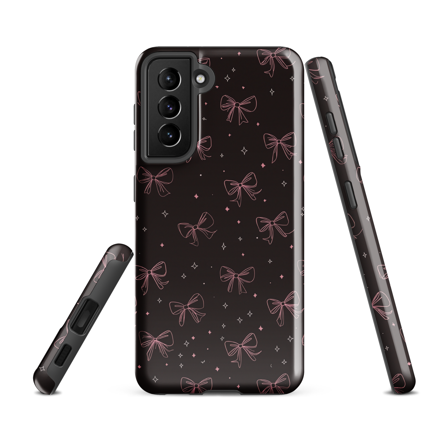Midnight Bow seamless repeat pattern — pink hand-drawn ribbon bows and sparkle stars on a black background