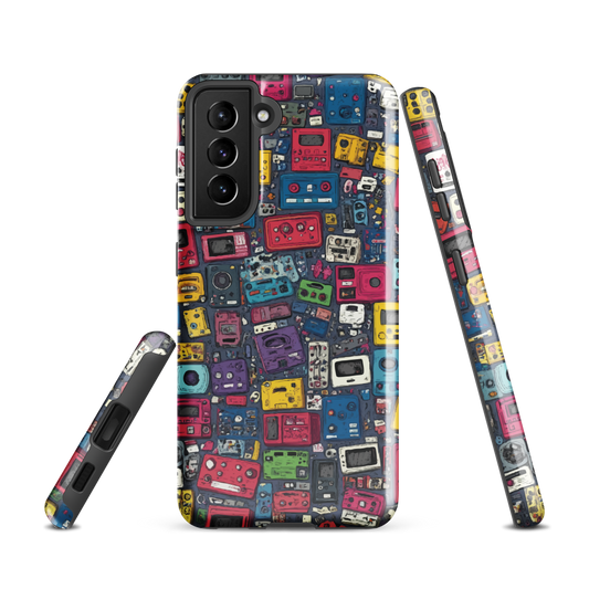 'Arcade' Samsung case, featuring a vibrant collage of hand-drawn controllers in bold, vintage-inspired colours. From electric blue and hot pink to classic black and yellow