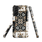 Moroccan tile pattern phone case in black, white, and gold tones with vintage-inspired design.